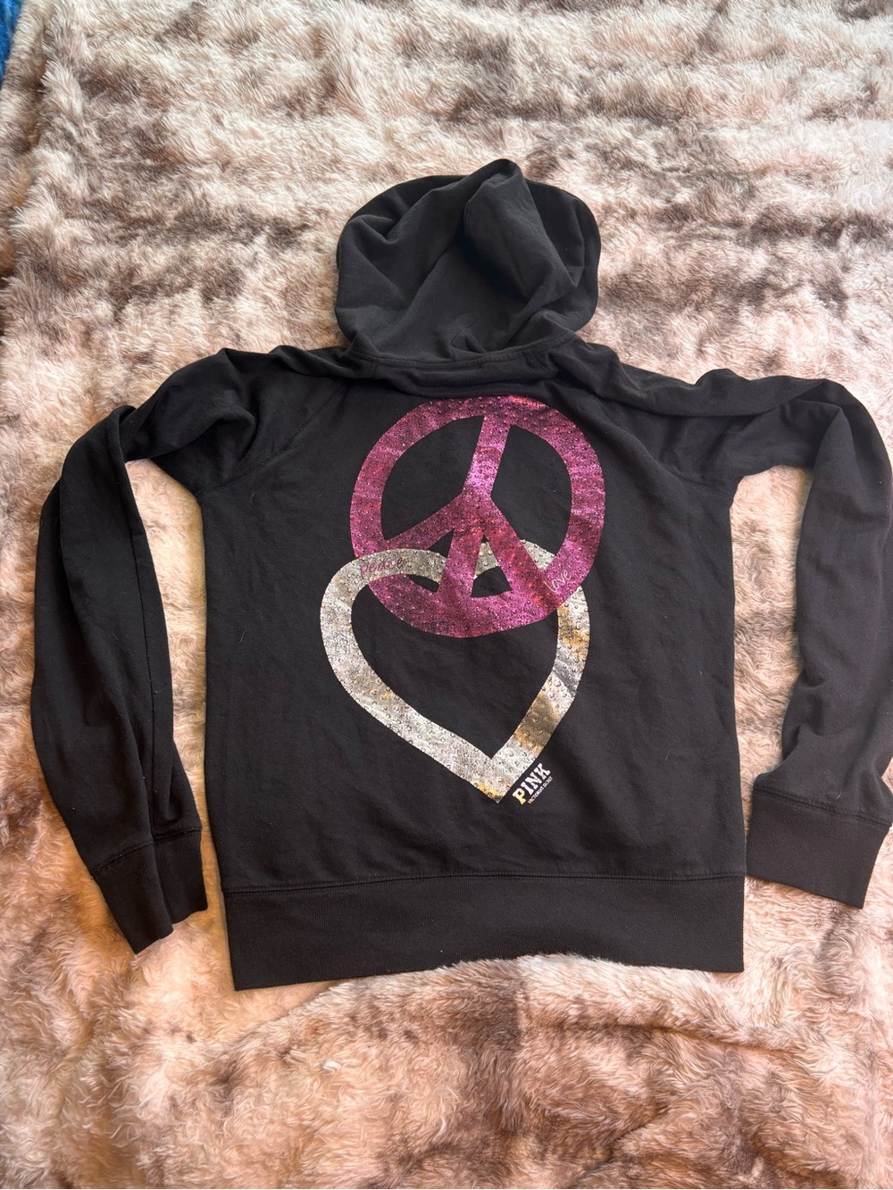 Y2K PINK Victoria's Secret Black Hoodie with Pink Peace & Silver Heart Graphic
